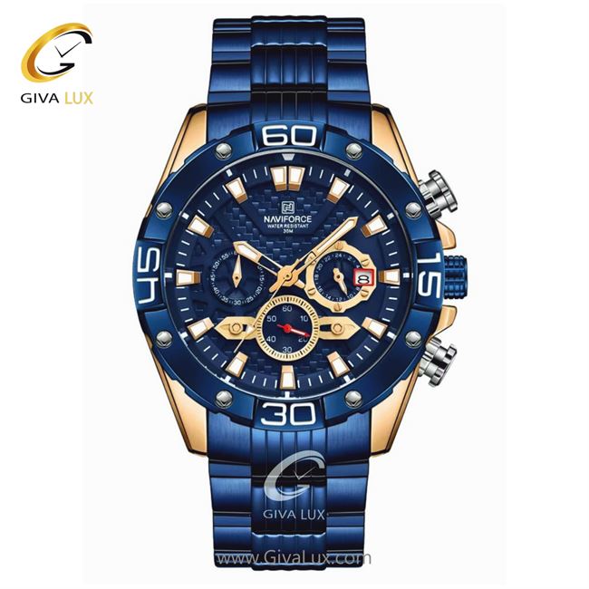 ساعت مچی اورجینال مردانه ناوی فورس|Naviforce|نوی فورس|نیوی فورس سه موتوره کرنوگراف رزگلد | آبی کاربنی| آبی کاربنی| کد رفرنس NF8019